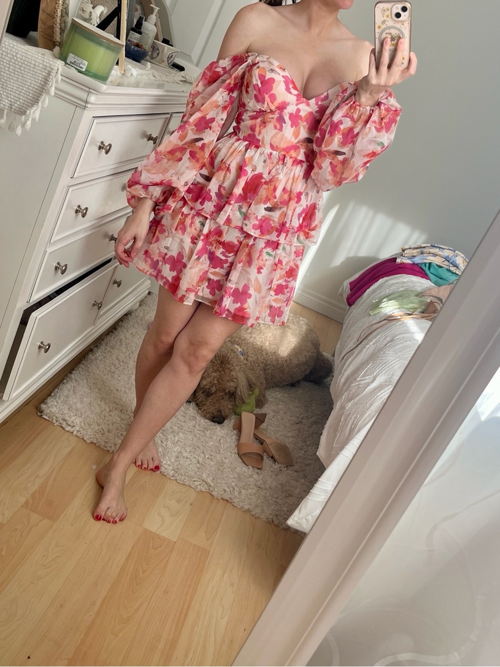 Floral Off-Shoulder Tiered Mini Dress in Pink